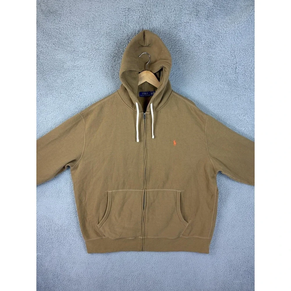 Polo Ralph Lauren Hoodie Mens 2XB Brown Full Zip Fleece Sweatshirt Pony Jacket